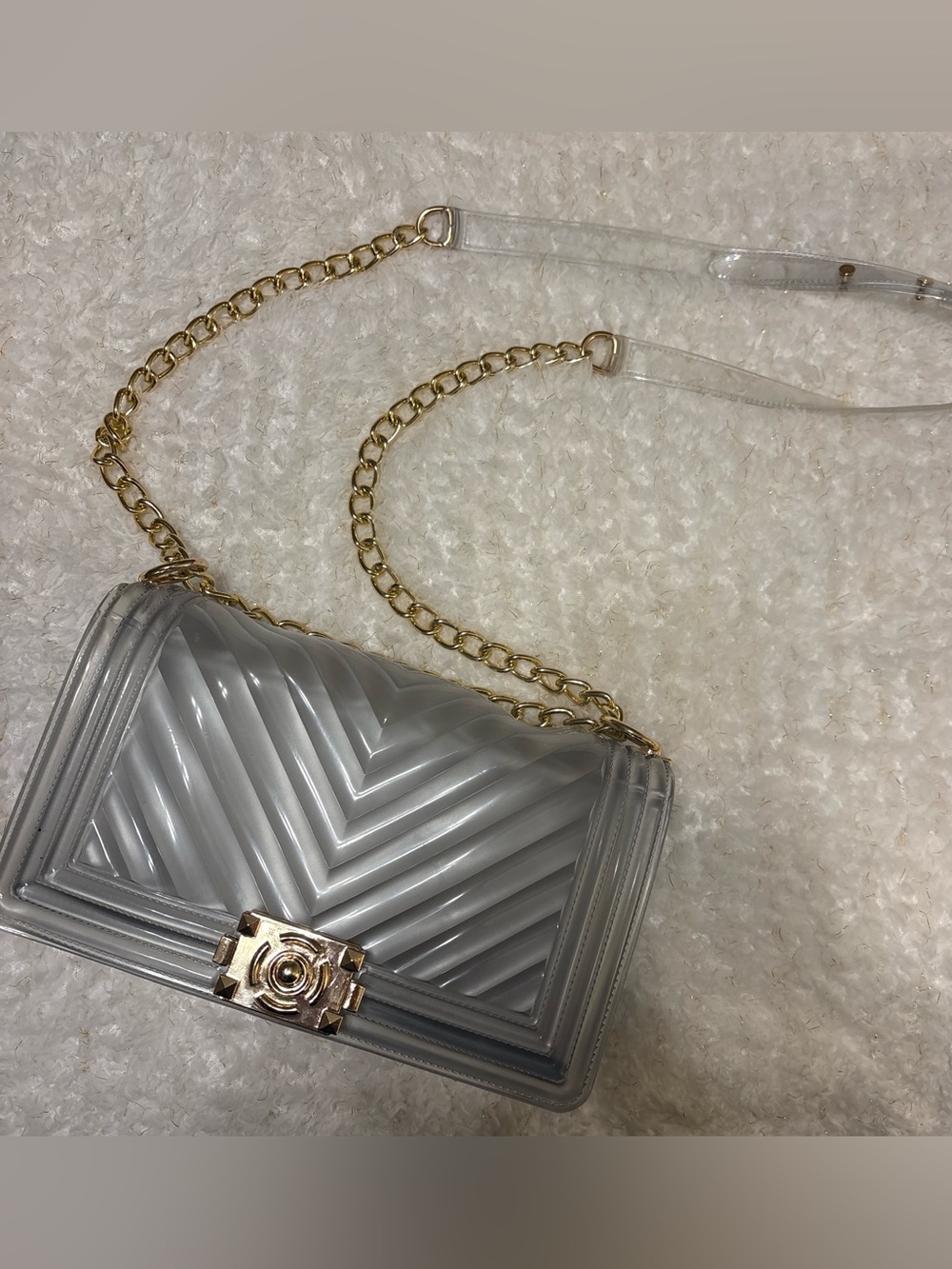Clear Chevron Crossbody Bag with Gold Chain Strap